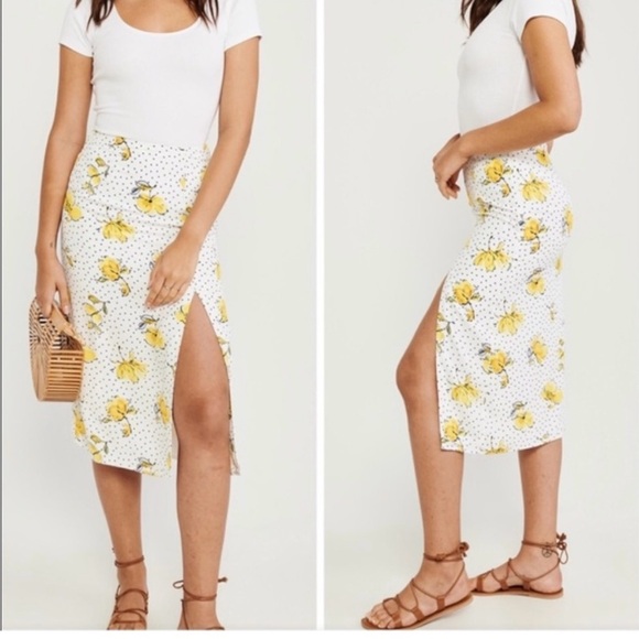 🍋🌼Abercrombie and Fitch spring skirt yellow floral side slit pencil large🌼🍋 - Picture 6 of 6